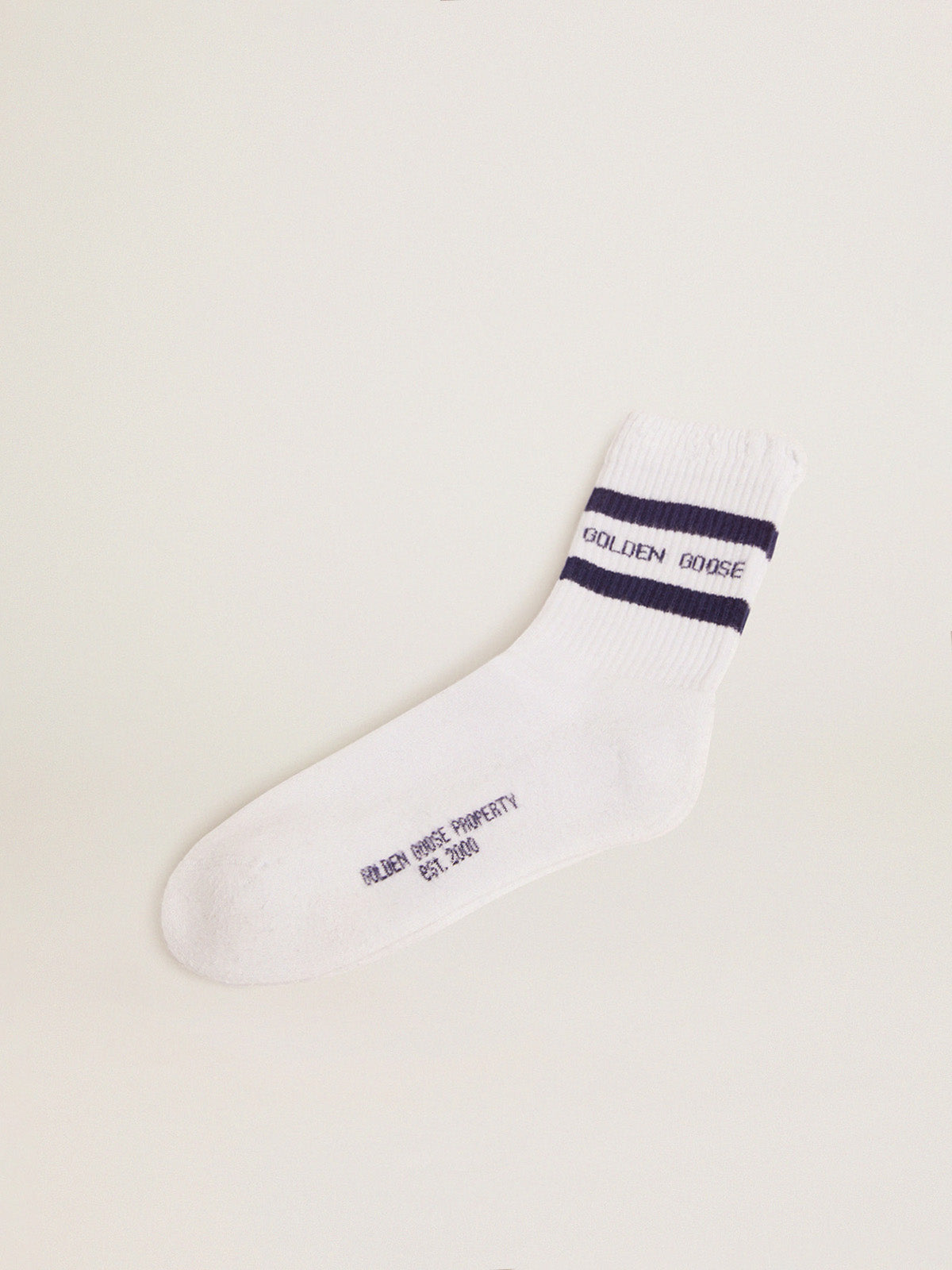 Cotton socks with distressed finishes, blue stripes and logo| Golden Goose