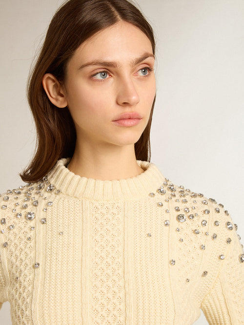 Cropped sweater in white wool with crystals| Golden Goose