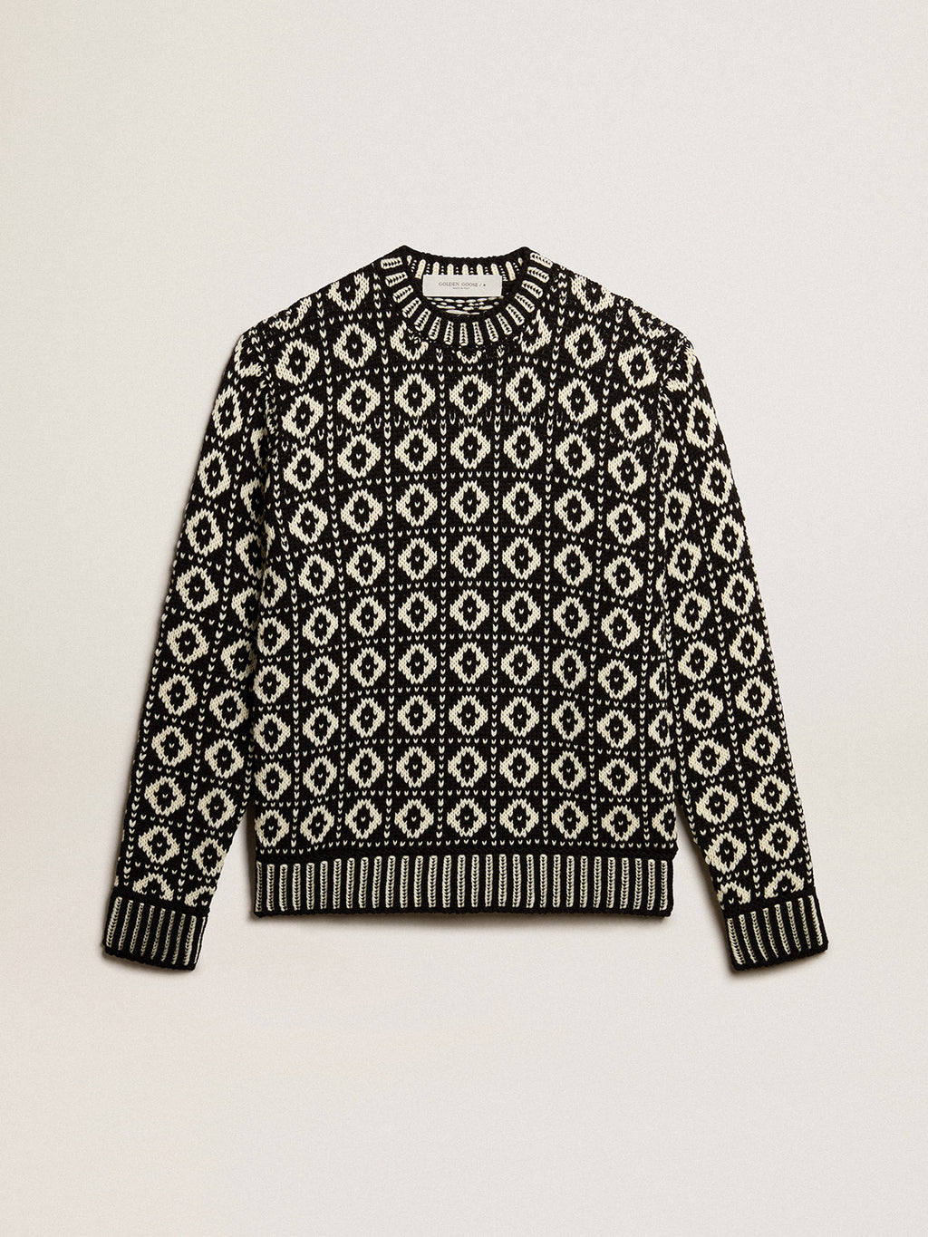 Round-neck sweater with geometric pattern in vintage white and black| Golden Goose