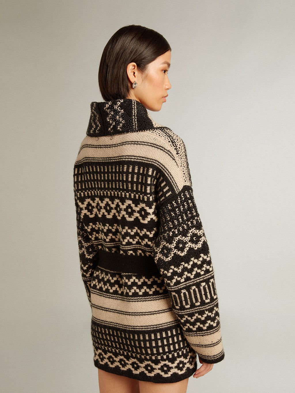 Women's cardigan in ecru wool with jacquard design and belt| Golden Goose