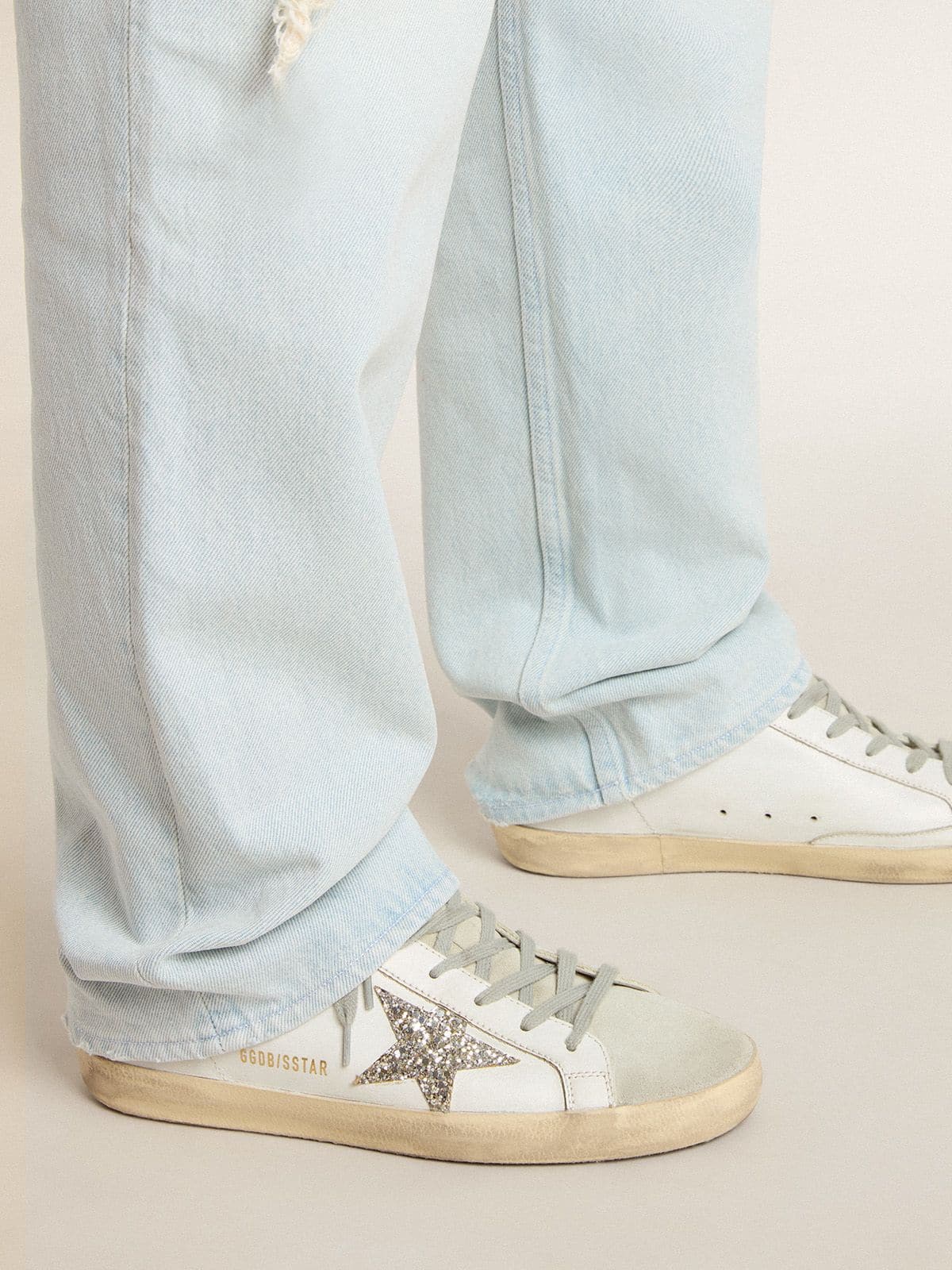 Super-Star Sabot with a platinum glitter star and suede tongue| Golden Goose