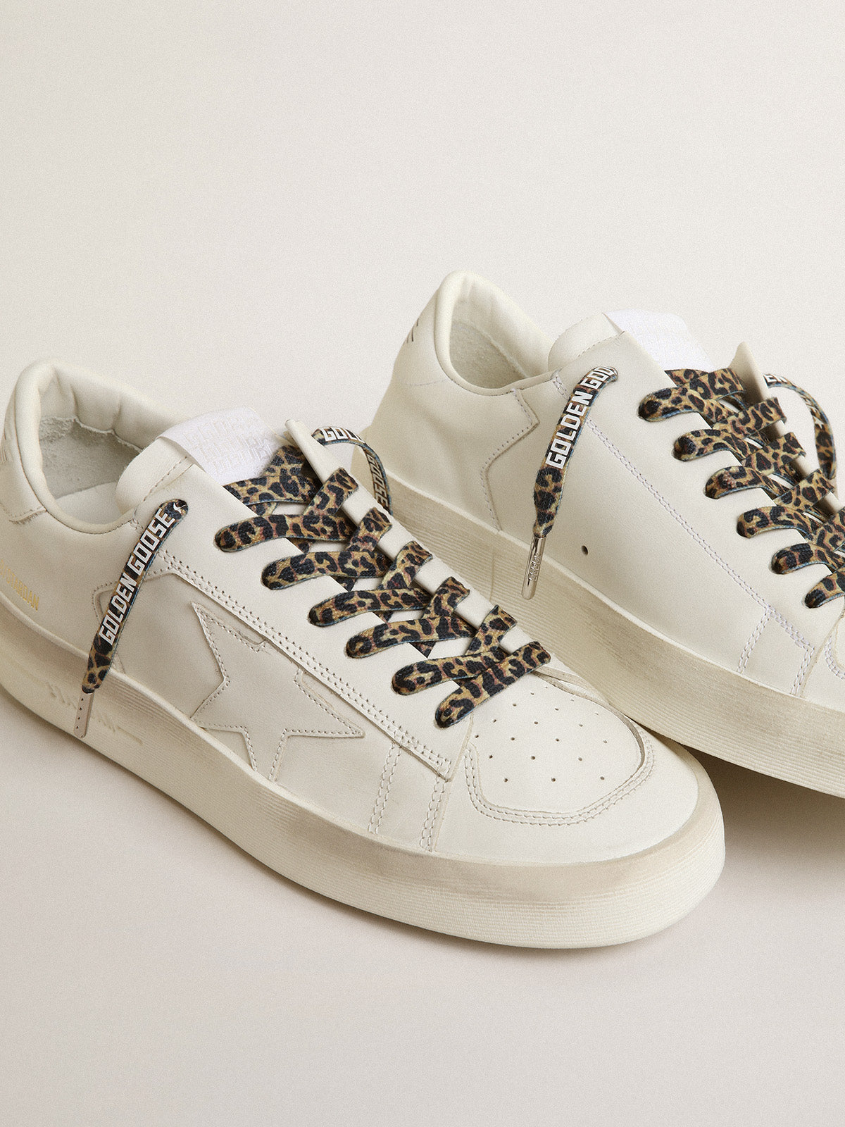 Beige and brown leopard-print laces with contrasting white logo| Golden Goose