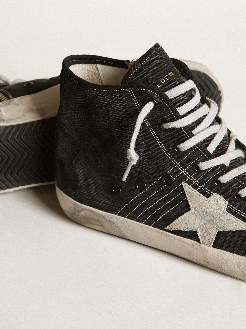 Francy Penstar in black canvas with white suede star and black suede heel tab| Golden Goose