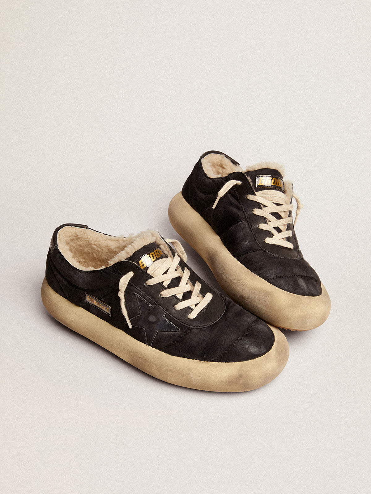 Men's Space-Star shoes in quilted black nylon with shearling lining| Golden Goose