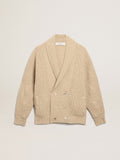 Men's double-breasted beige wool cardigan with leather patches| Golden Goose