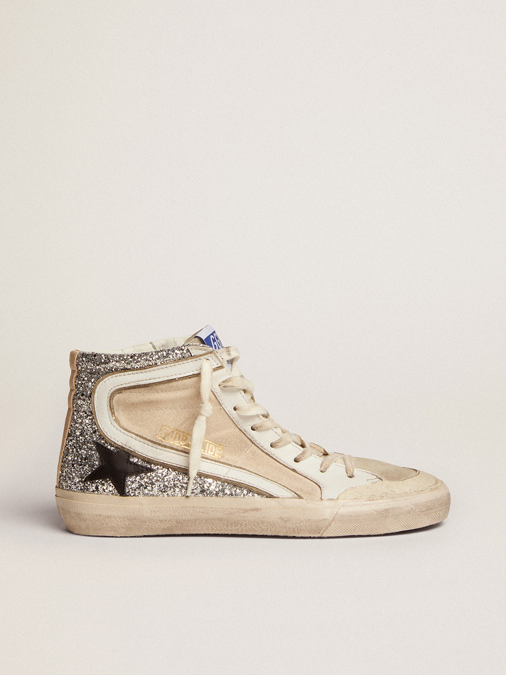 Women's Slide Penstar in cream-colored canvas and silver glitter| Golden Goose