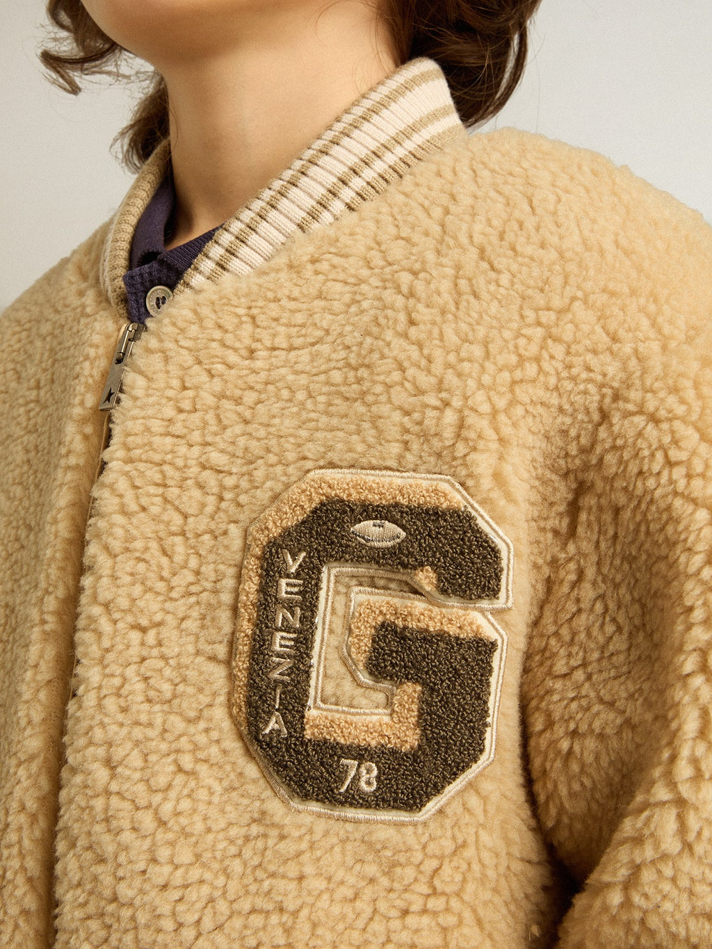 Kids beige fleece bomber jacket| Golden Goose