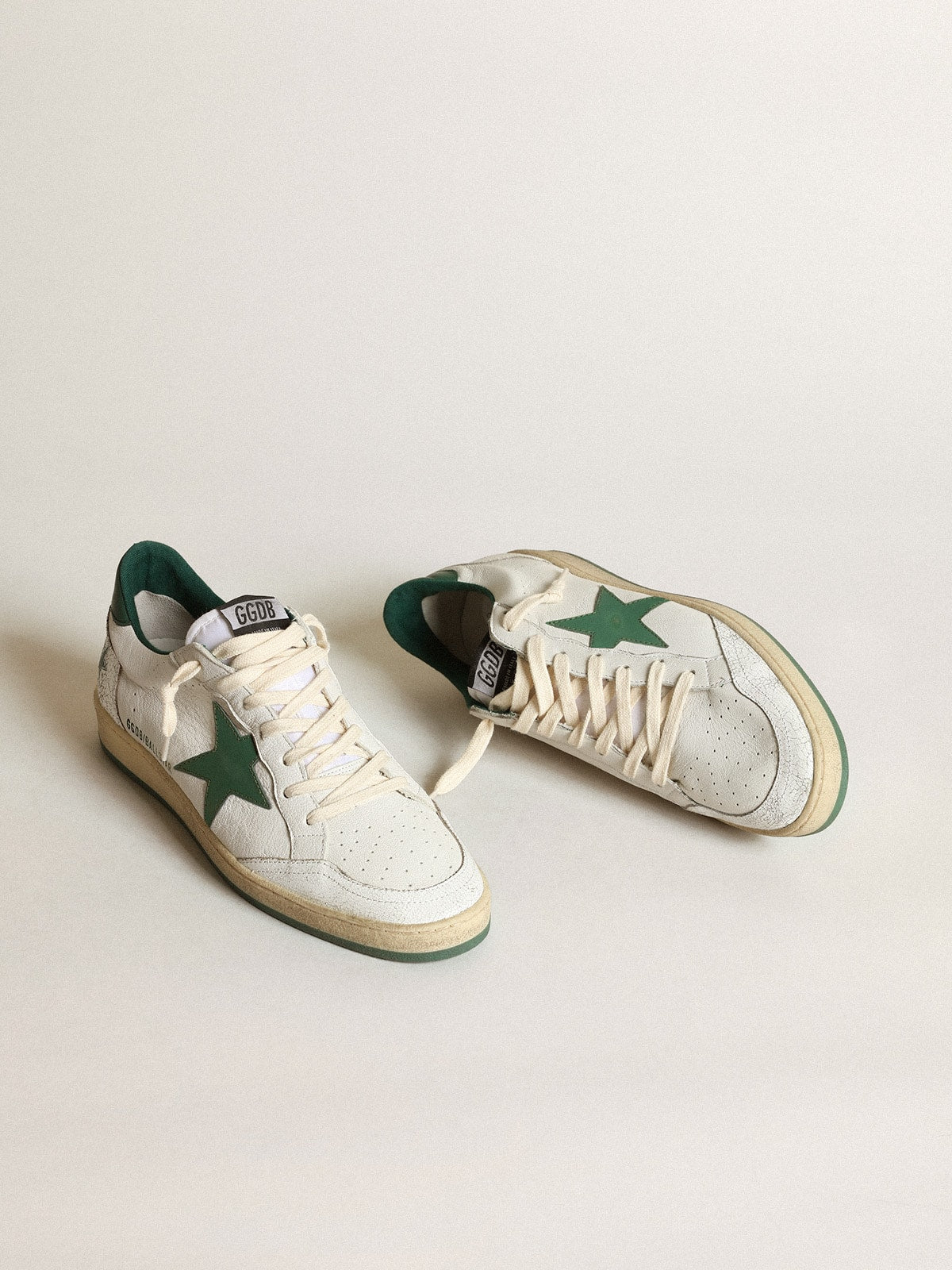 Men's Ball Star in white nappa leather with green leather star and heel tab| Golden Goose