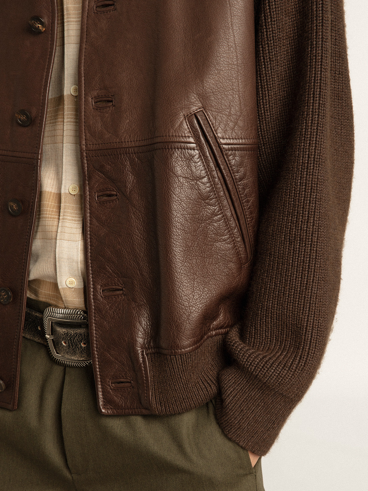 Chocolate-colored leather and knit V-neck cardigan| Golden Goose