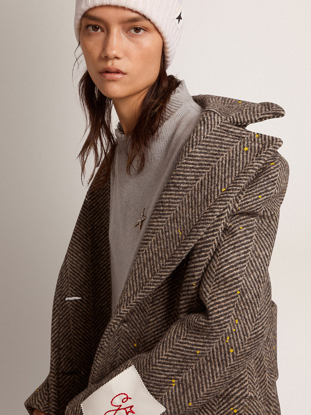 Women's long herringbone coat with yellow details| Golden Goose