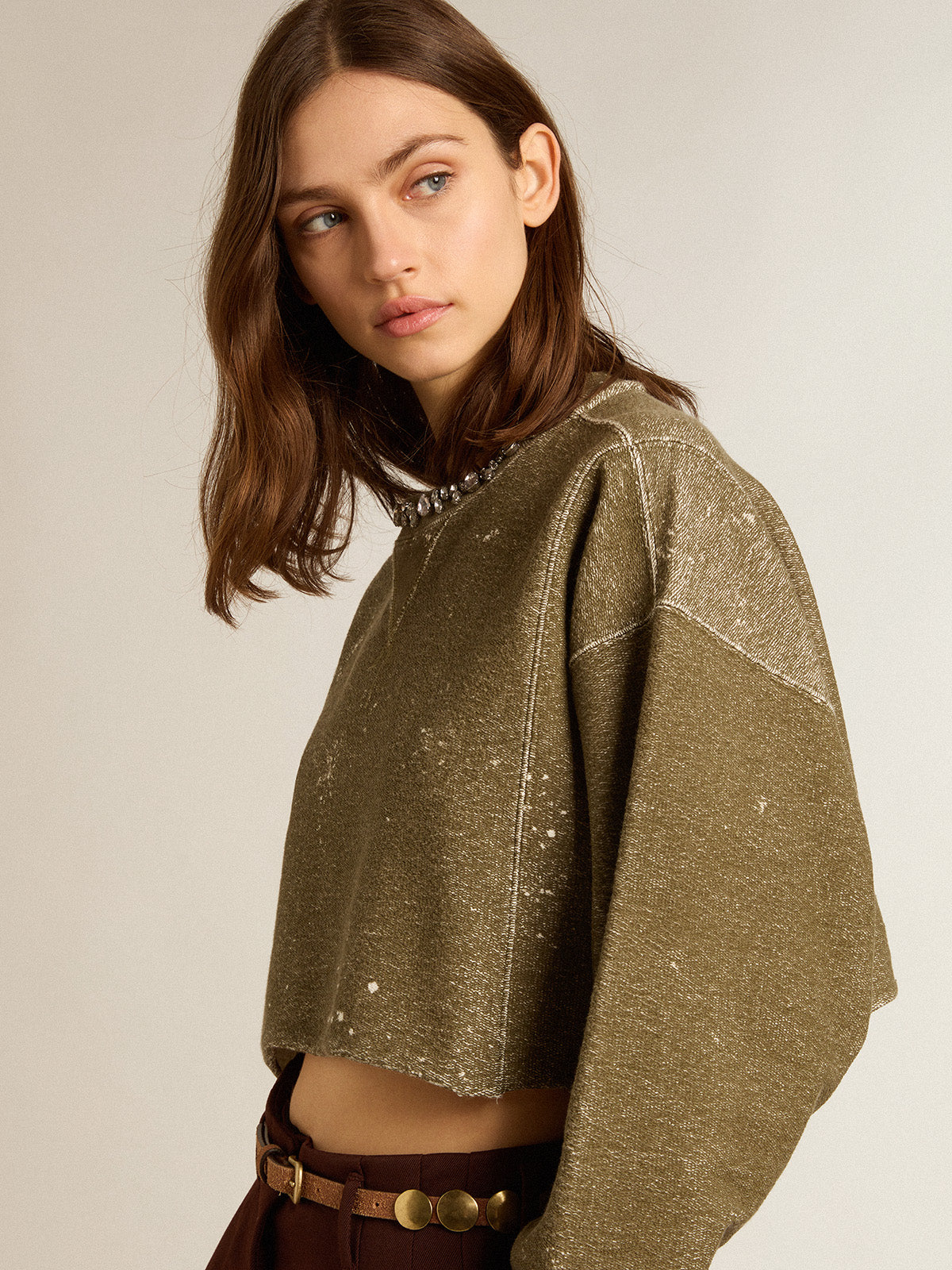 Vintage-effect beech-colored cotton cropped sweatshirt| Golden Goose