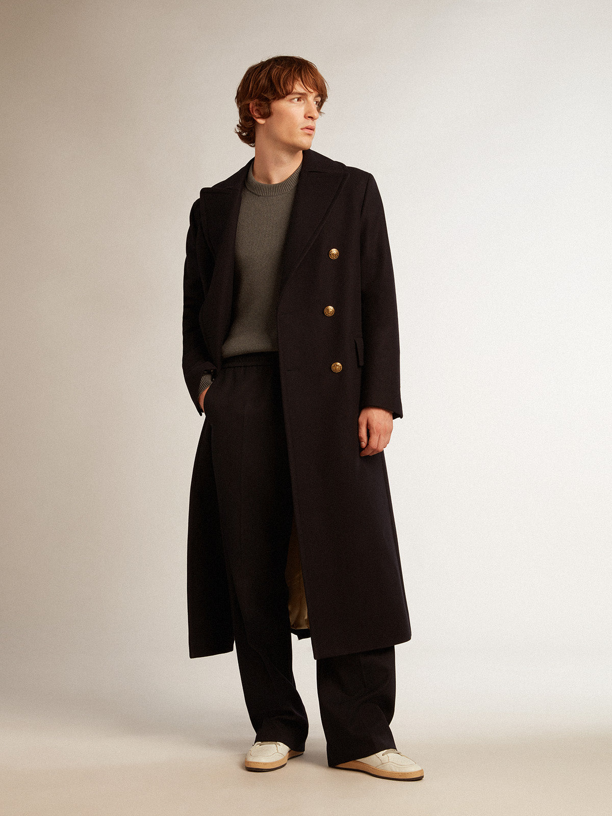 Men's wide leg pants in dark blue wool| Golden Goose