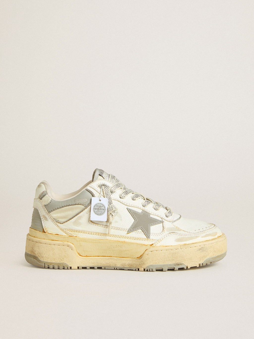 Men's Forty2 in white leather with laces with Swarovski crystals and gray star| Golden Goose