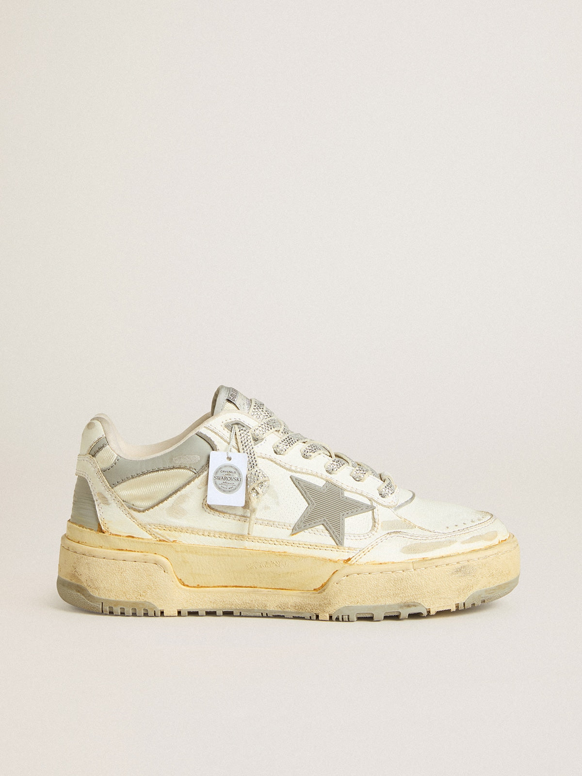 Men's Forty2 in white leather with laces with Swarovski crystals and gray star| Golden Goose