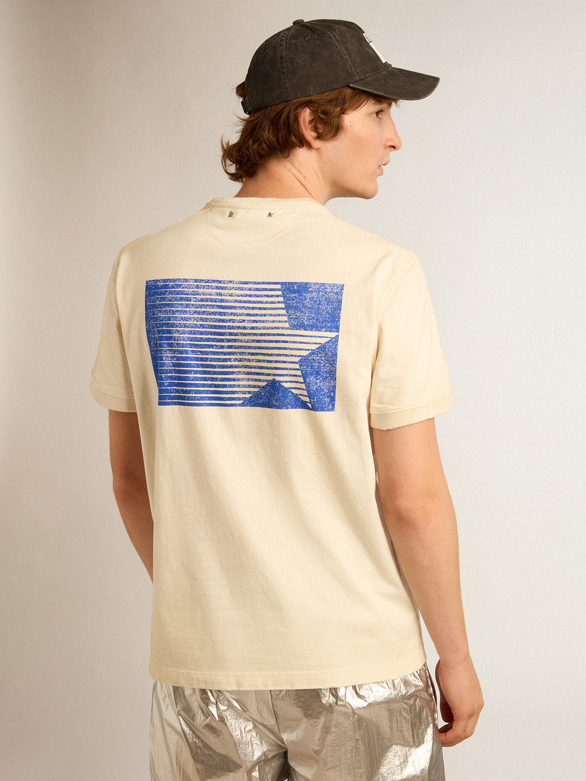 Aged white cotton T-shirt with blue Marathon logo| Golden Goose