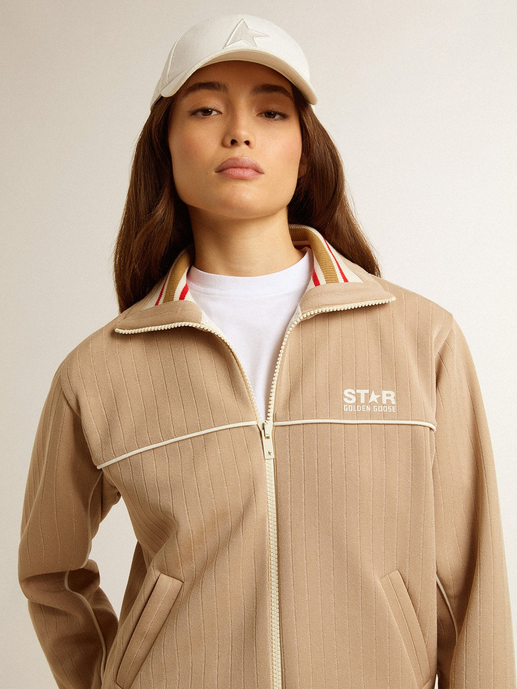 Women's light beige zipped sweatshirt with white logo| Golden Goose