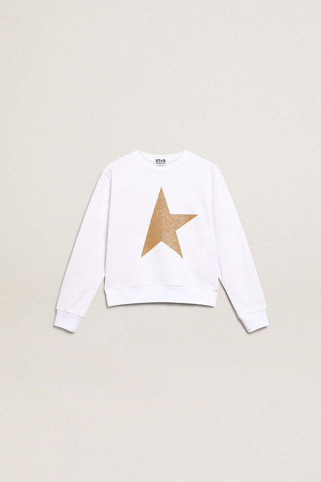 Girls' white sweatshirt with gold maxi star on the front| Golden Goose