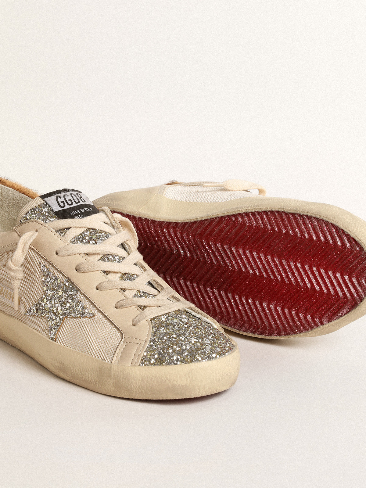 Super-Star in cream mesh with glitter star and leopard heel tab| Golden Goose