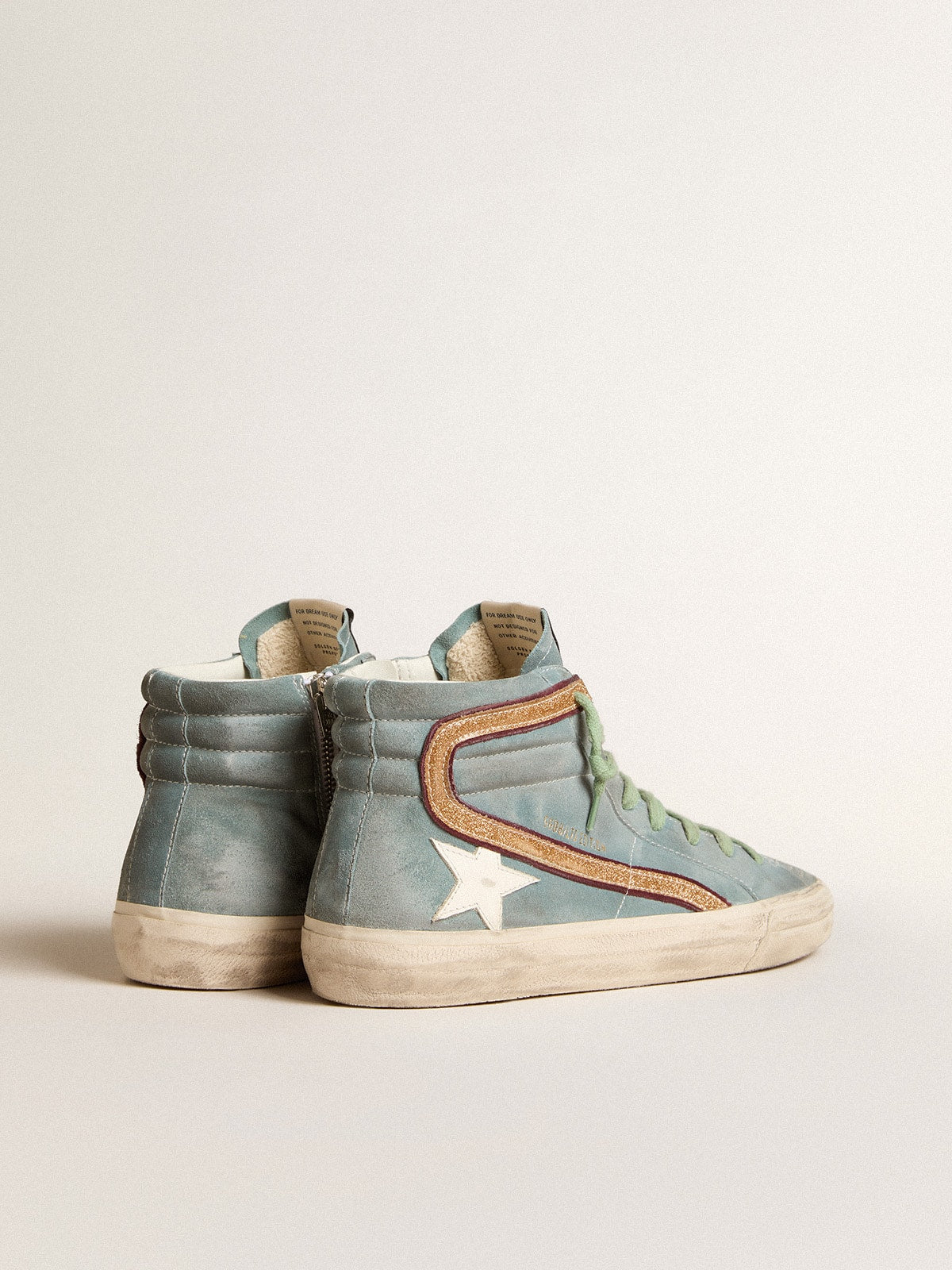 Light blue suede Slide LTD with white star and gold glitter flash| Golden Goose