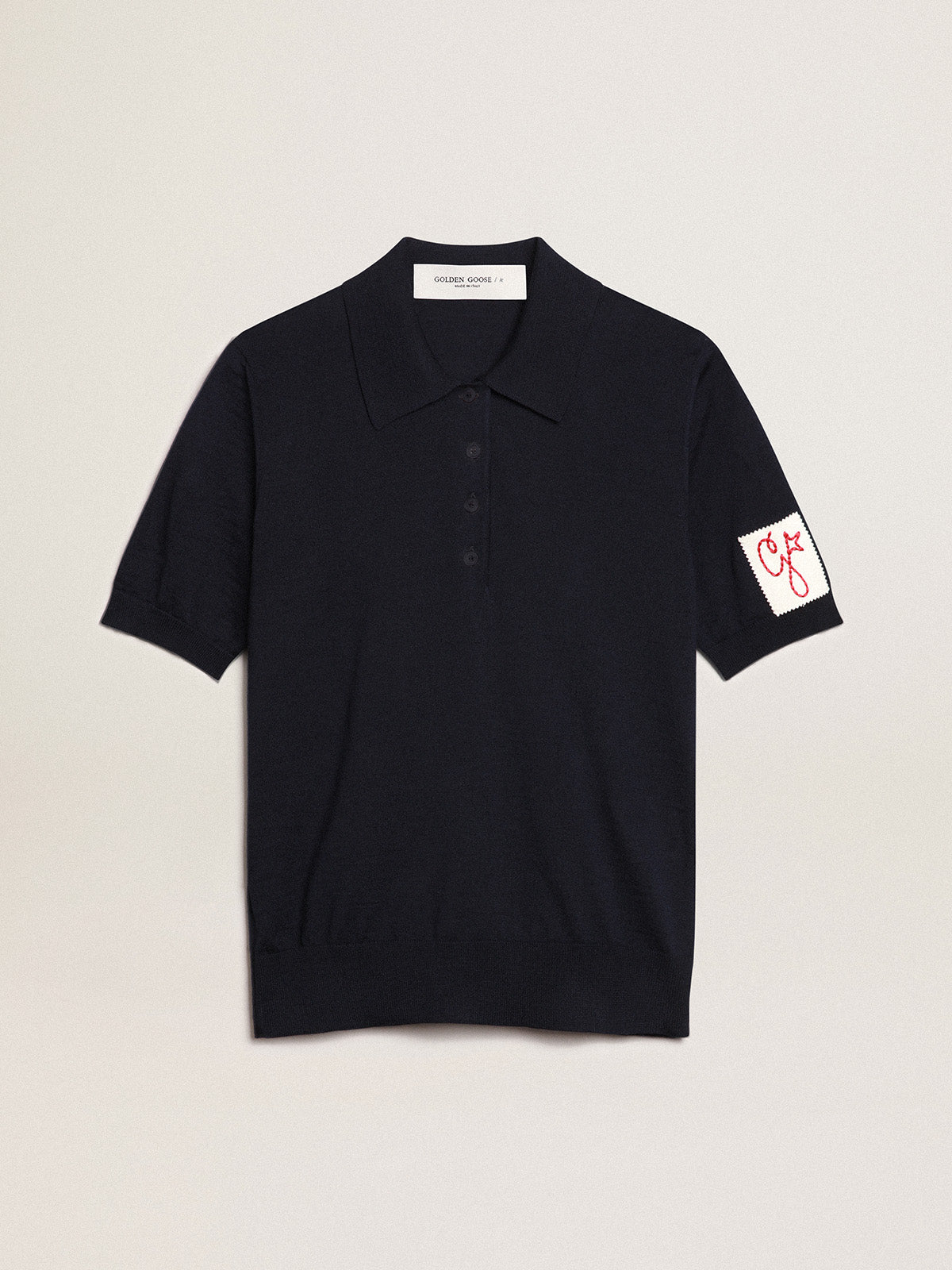 Women's polo shirt in navy-blue merino wool| Golden Goose