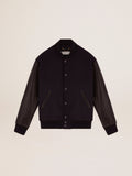 Men's bomber jacker in blue wool and black leather| Golden Goose