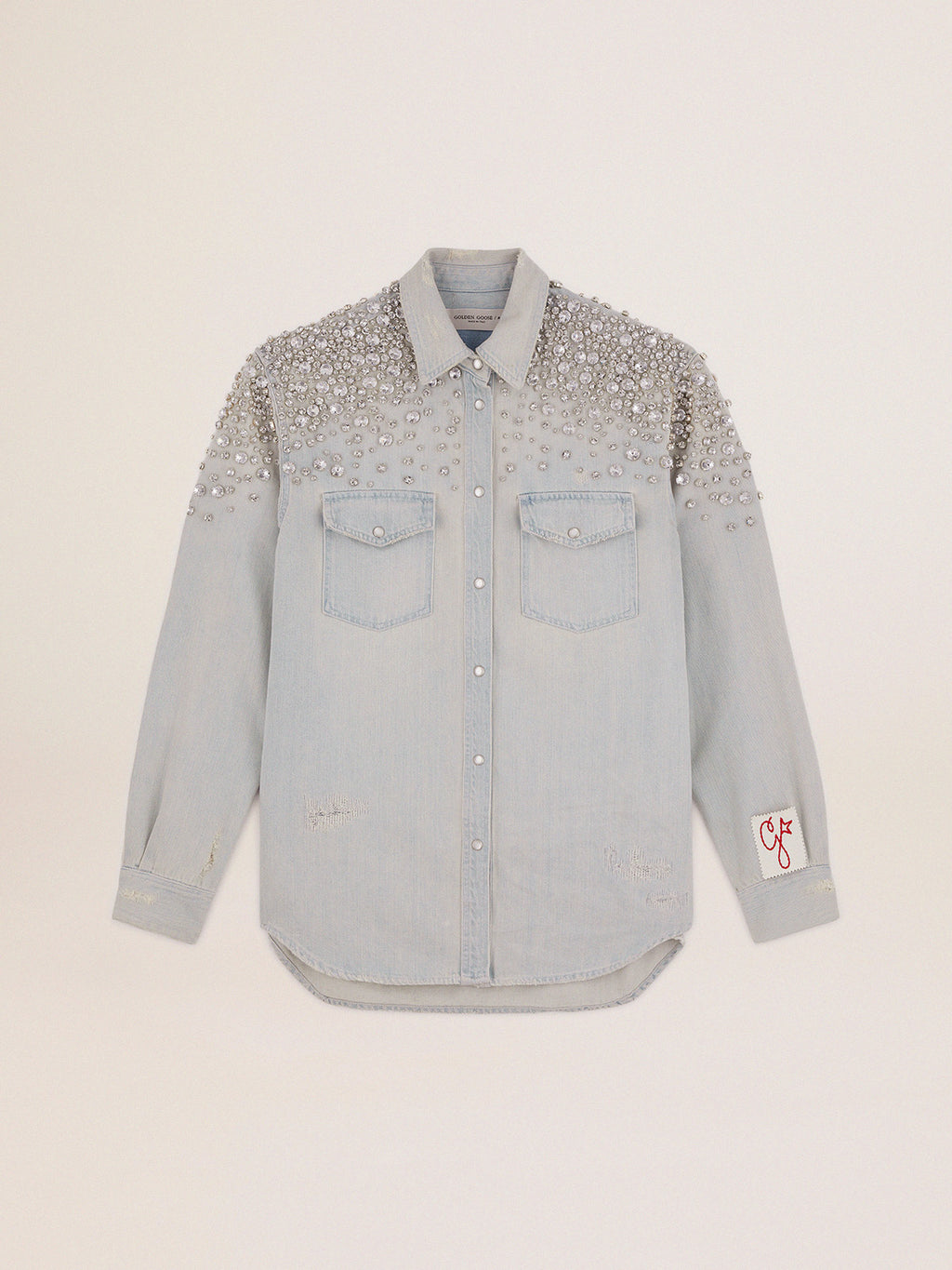 Women's bleached boyfriend shirt with cabochon crystals| Golden Goose