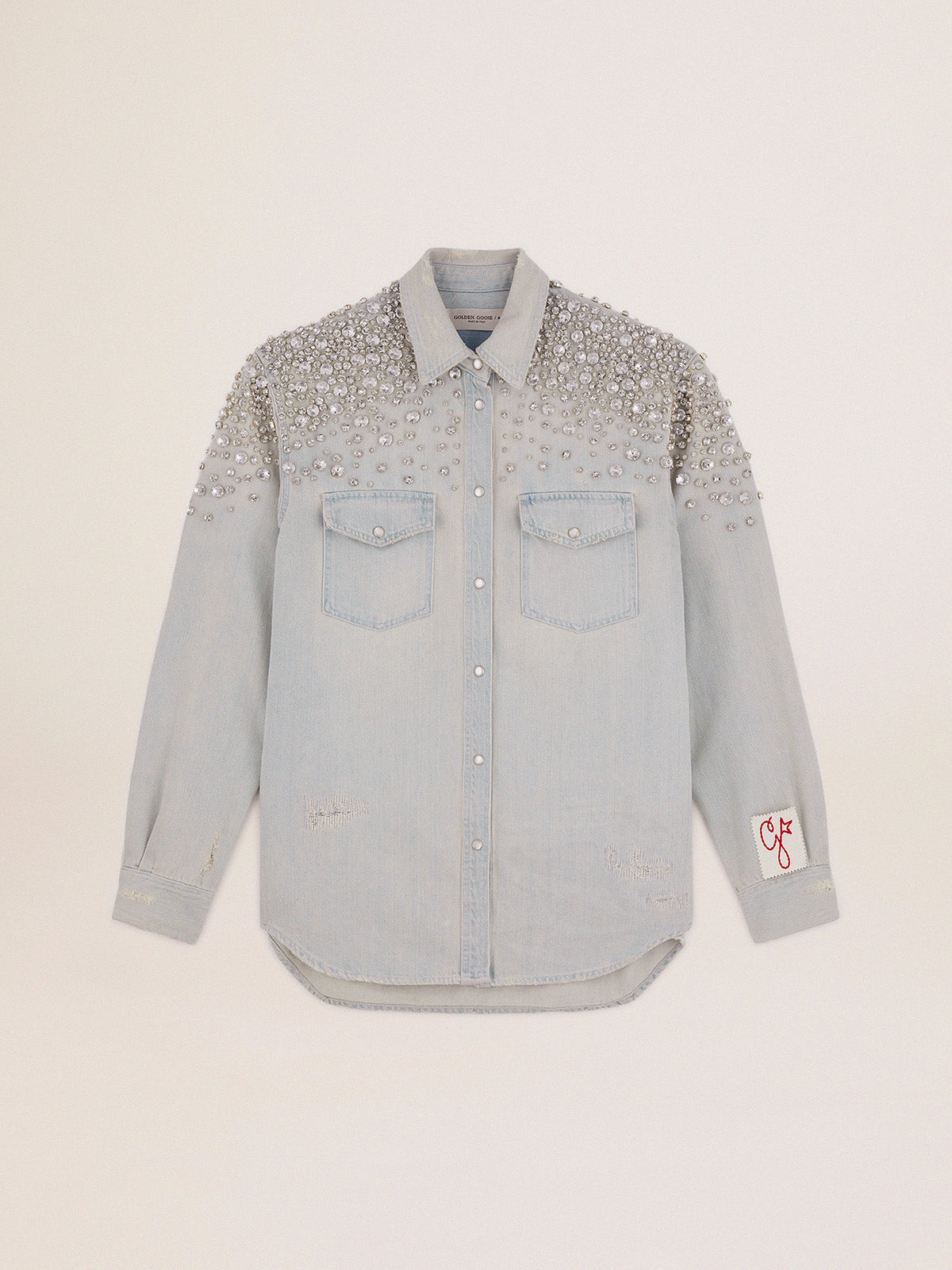 Women's bleached boyfriend shirt with cabochon crystals| Golden Goose