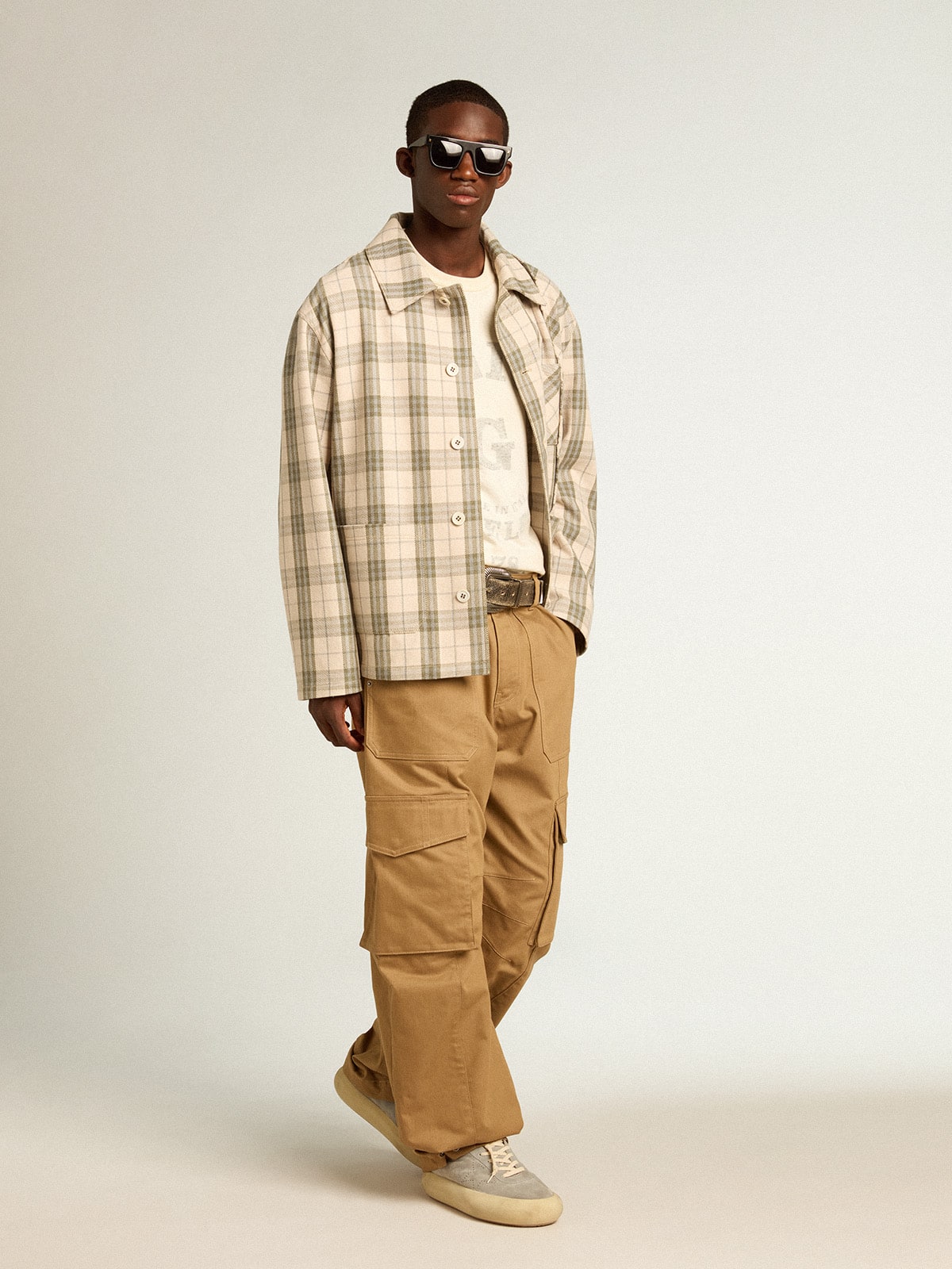 Men's slim-fit shirt made of ecru and green cotton flannel