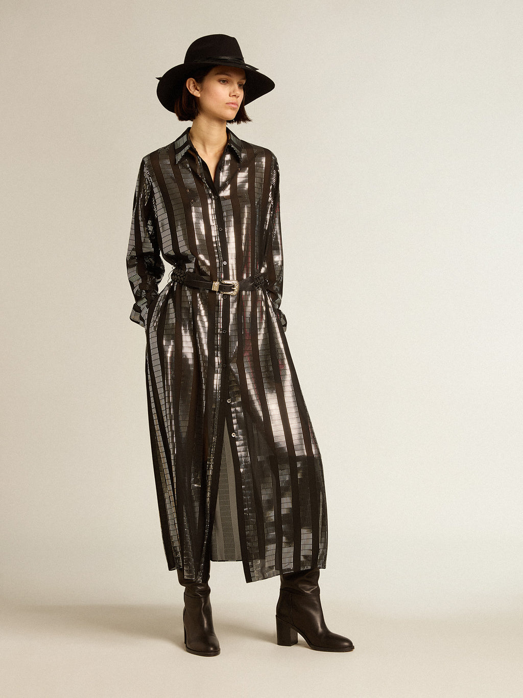 Black shirt dress with metallic appliqués| Golden Goose