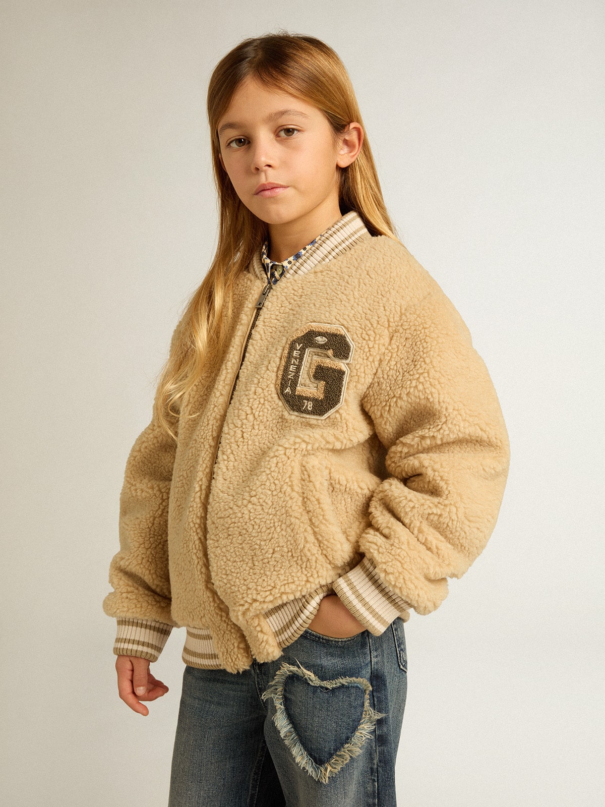 Kids beige fleece bomber jacket| Golden Goose
