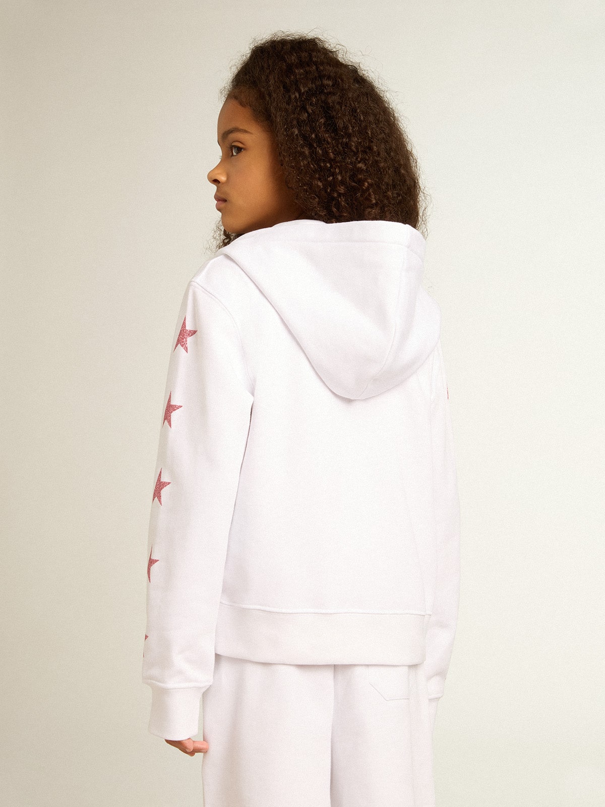 Girls' zip-up sweatshirt in white with glitter stars on the sleeves| Golden Goose
