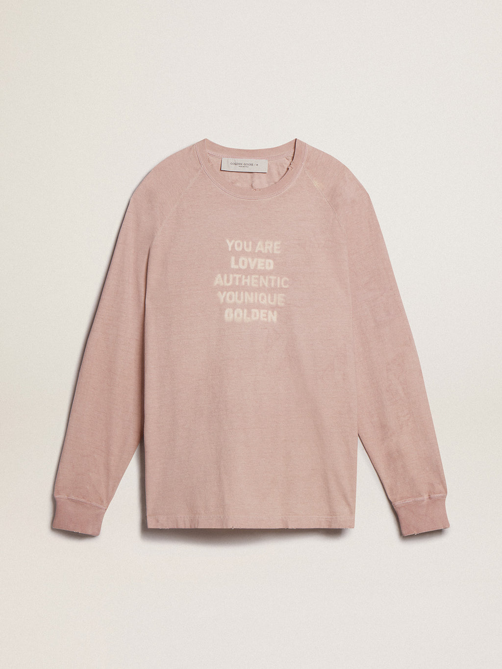 Powder-pink T-shirt with white lettering on the front| Golden Goose