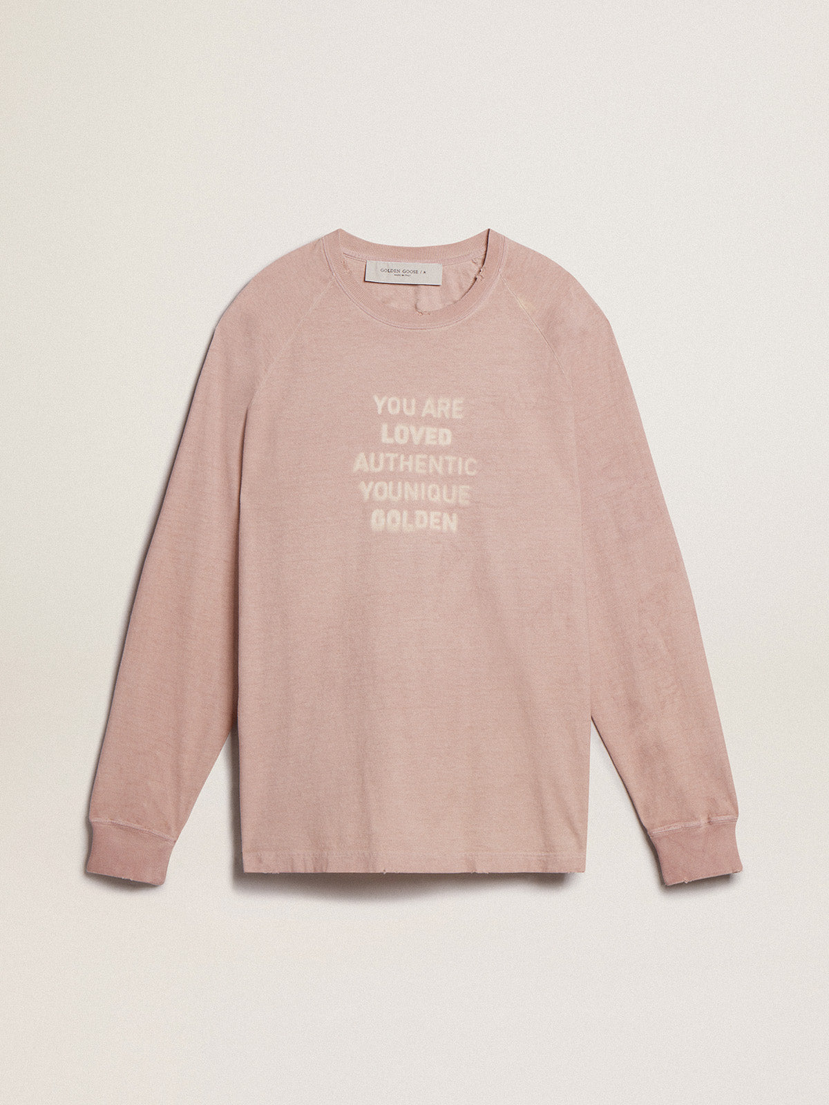 Powder-pink T-shirt with white lettering on the front| Golden Goose