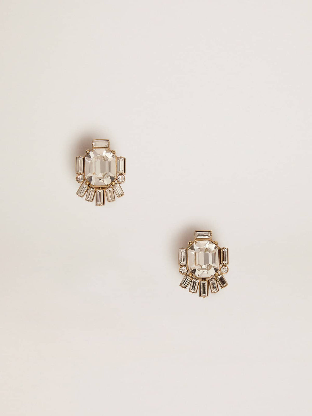 Women's Déco stud earrings in antique gold color with crystals| Golden Goose