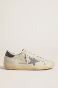 Super-Star LTD with cream-colored leather star with Swarovski crystals and blue leather heel tab with lizard print| Golden Goose