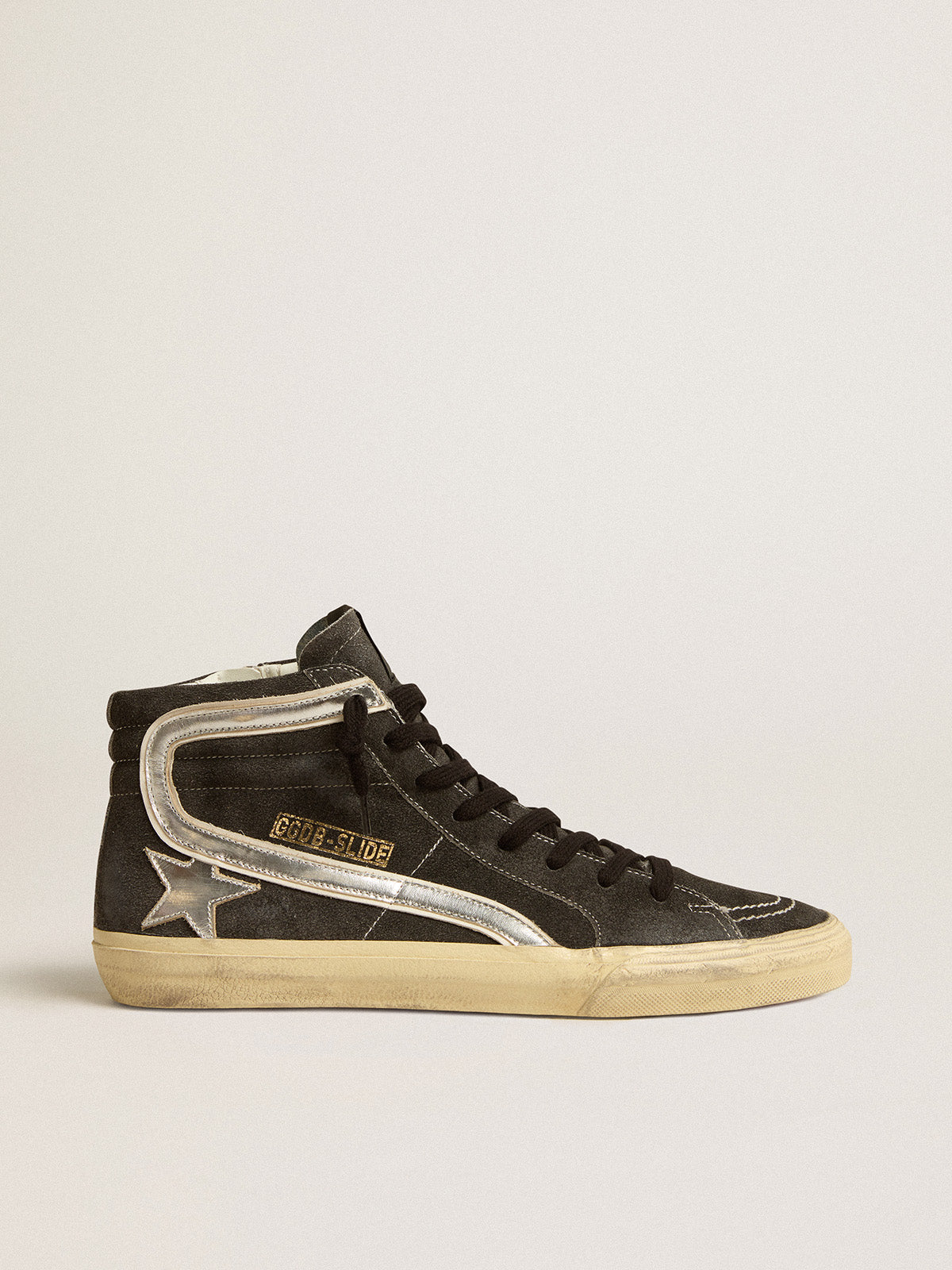 Slide in black suede with silver metallic leather star and flash| Golden Goose