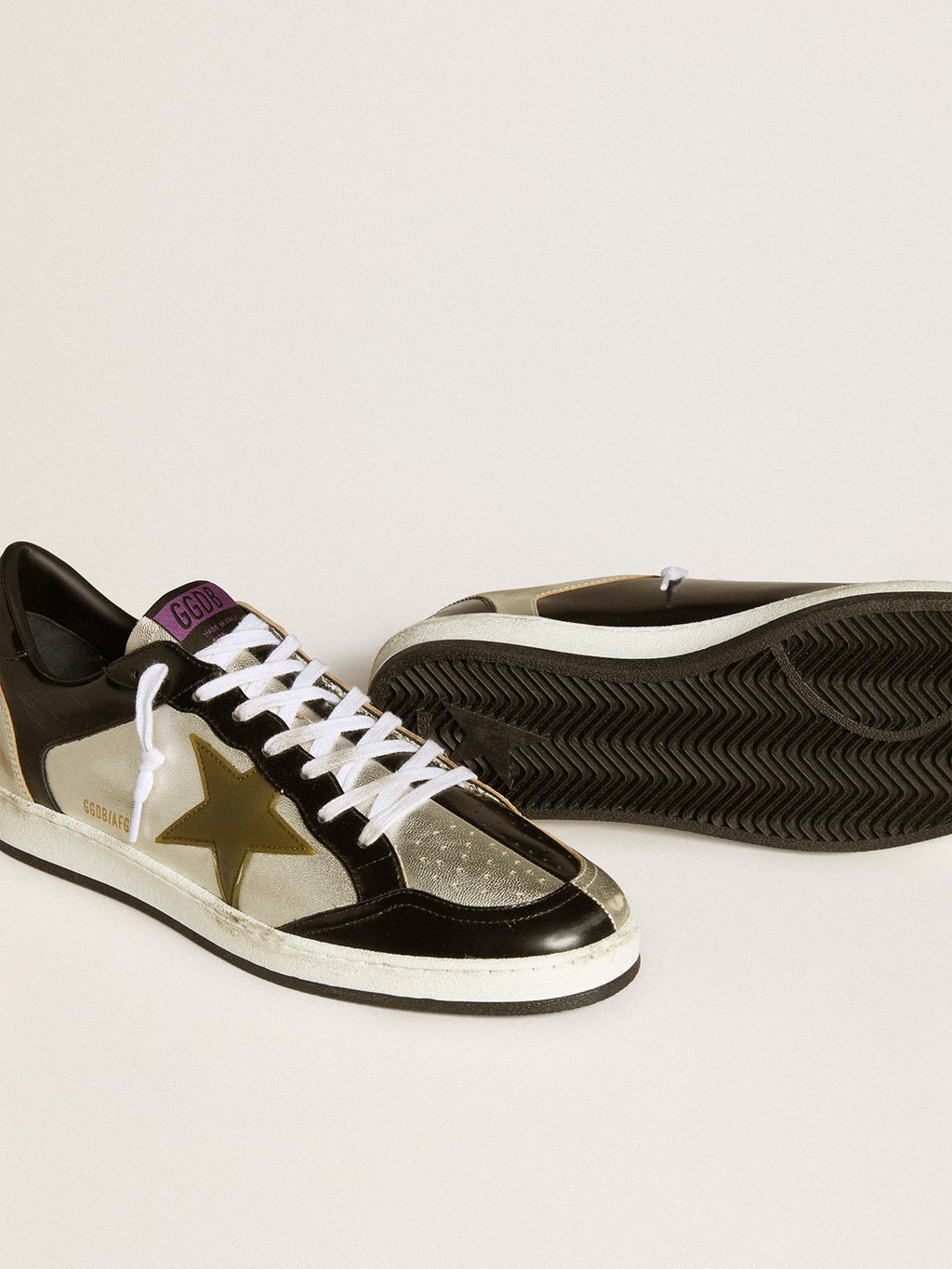 Men's Ball Star LAB in silver leather with brown leather star and black heel tab| Golden Goose