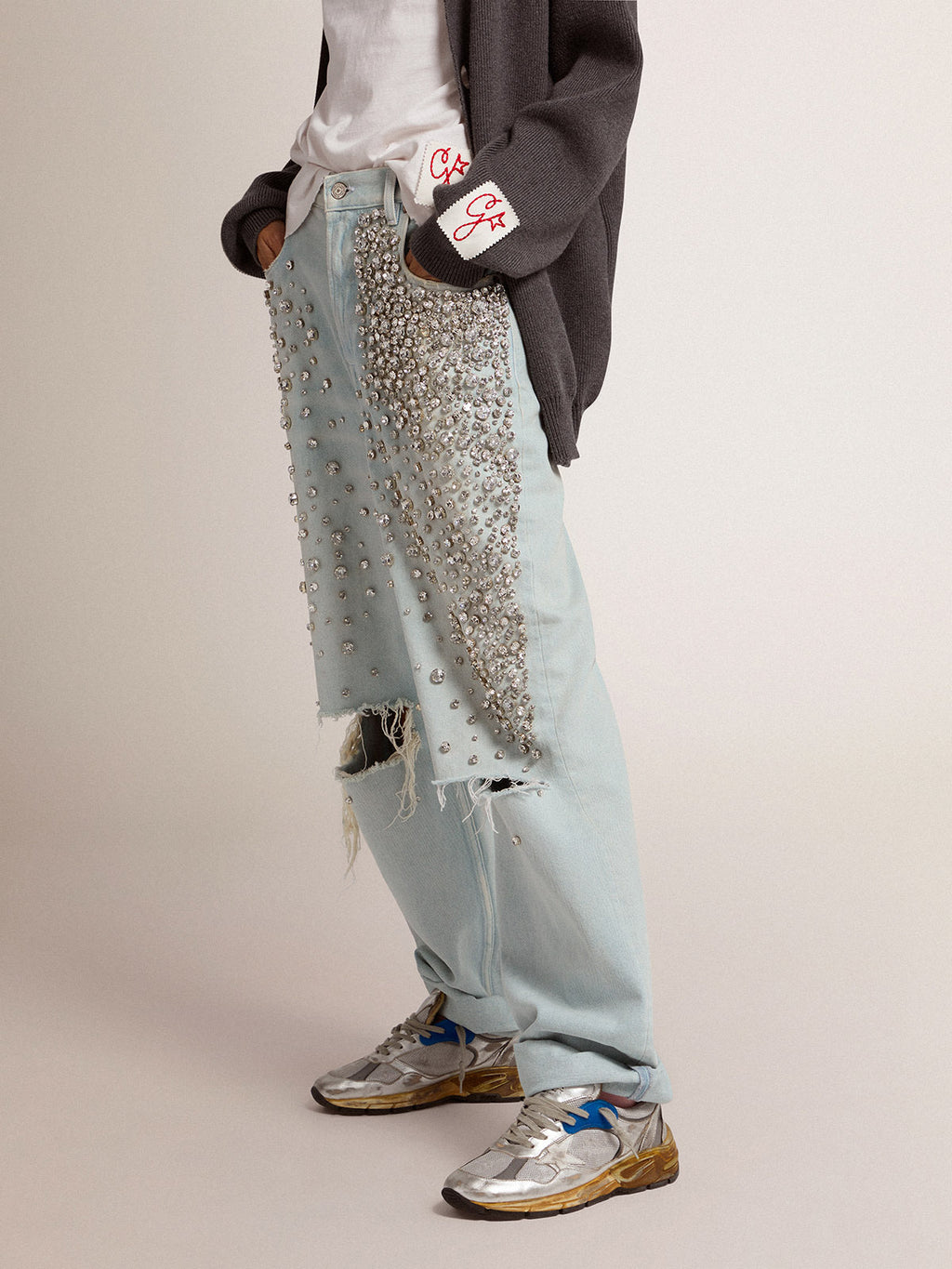 Women's bleached jeans with cabochon crystals| Golden Goose