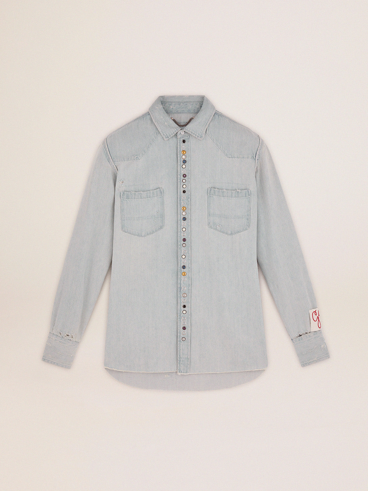 Men's bleached denim shirt with hammered studs| Golden Goose