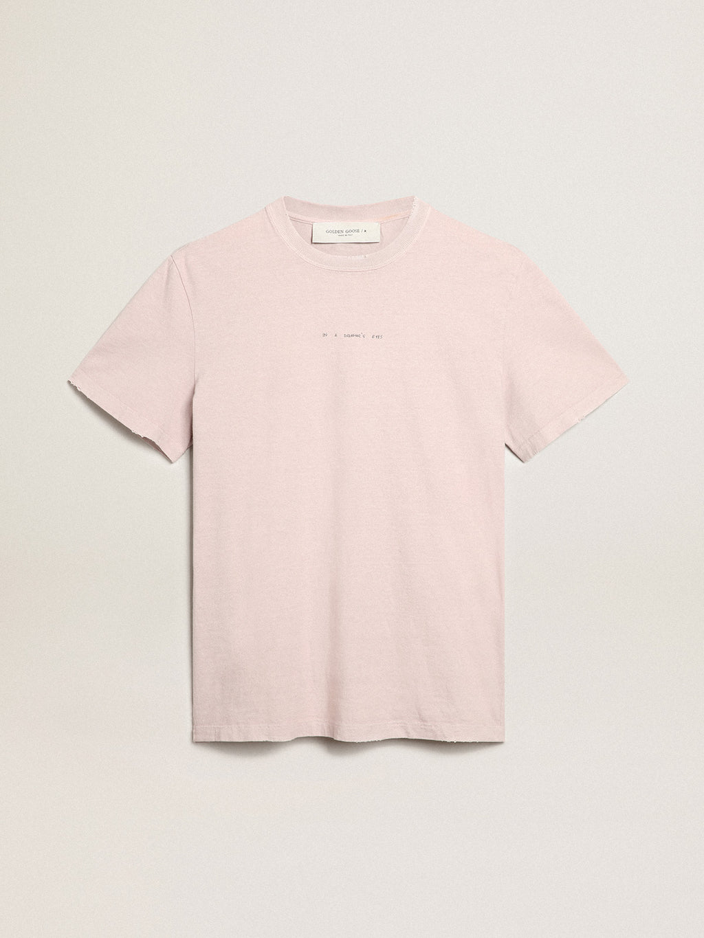 Pale pink men's T-shirt with lettering in the center| Golden Goose