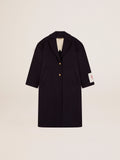 Women's single-breasted cocoon coat in dark blue wool with gold button| Golden Goose