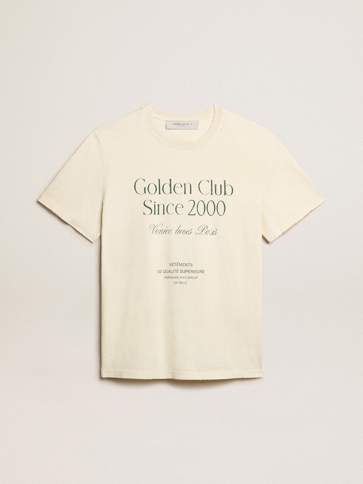 Men's cotton T-shirt in aged white with green lettering| Golden Goose