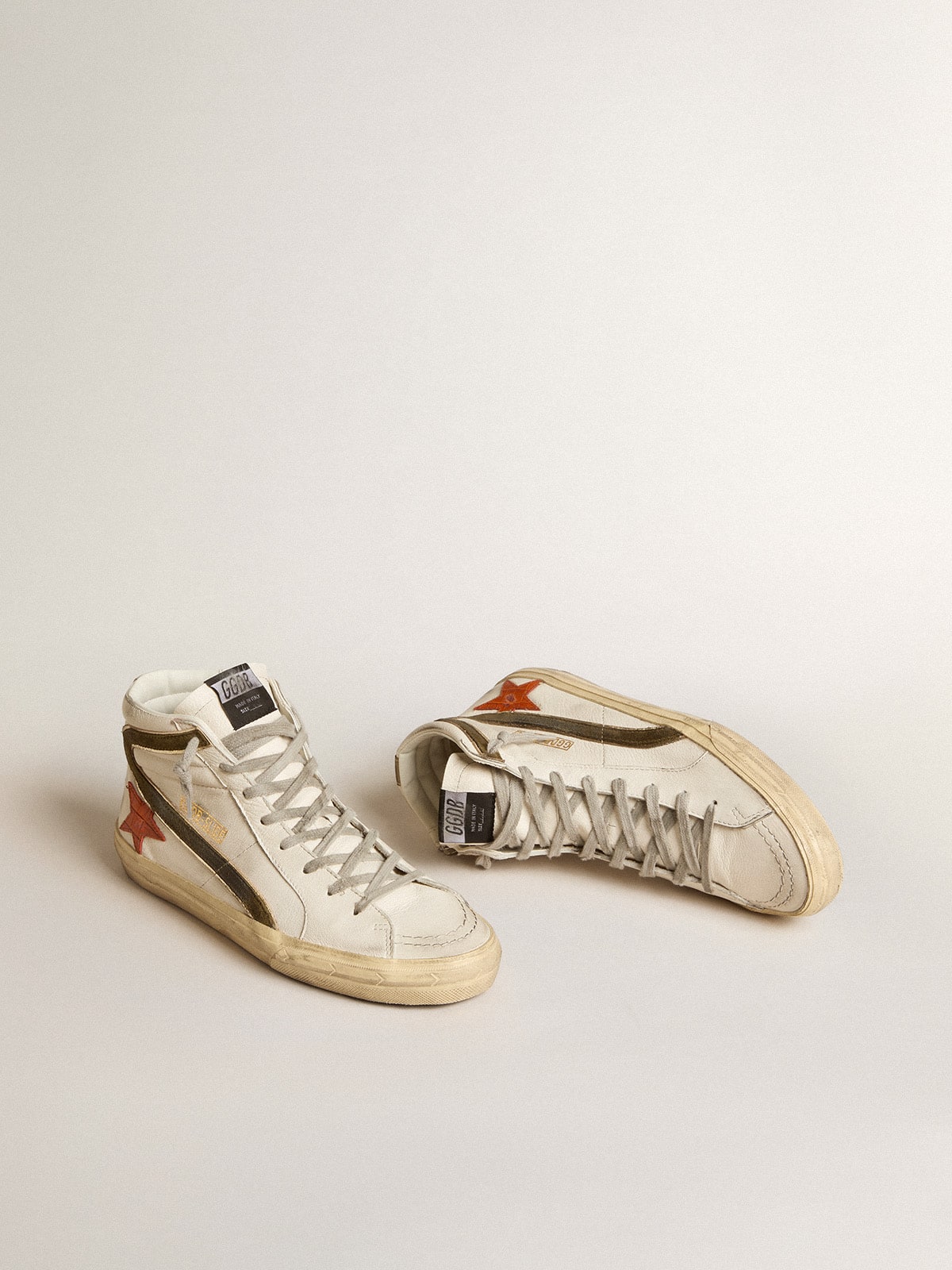 Men's nappa leather Slide with orange croc-print star and green suede flash| Golden Goose