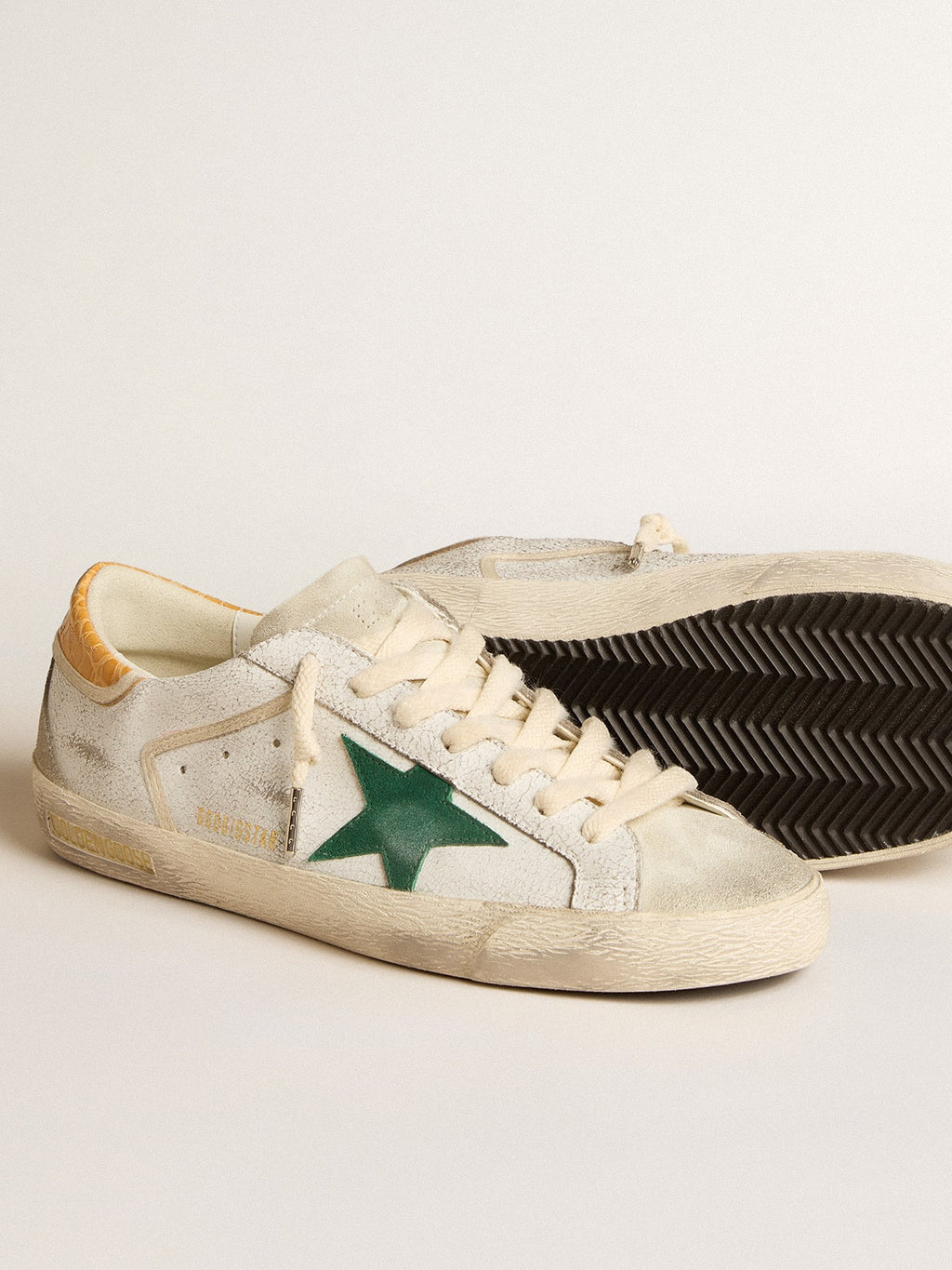 Men's Super-Star with green suede star and yellow croc-print leather heel tab| Golden Goose