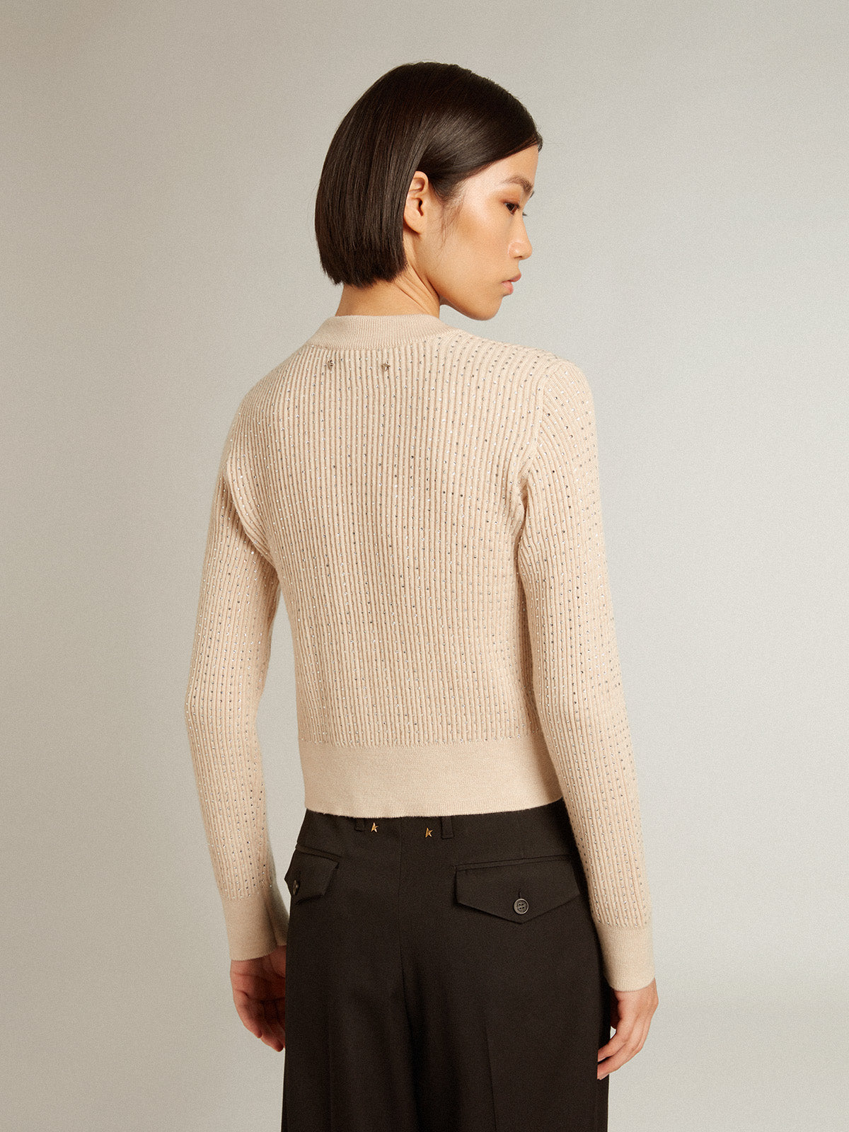Cropped round-neck sweater in beige wool with all-over crystals| Golden Goose