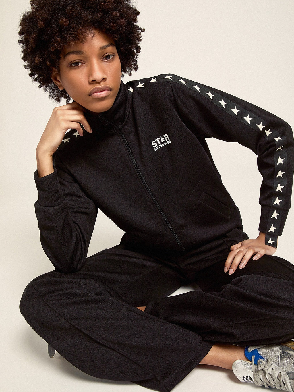 Women's black zipped sweatshirt with white stars| Golden Goose