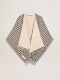 Poncho in double face cream-colored wool with check pattern and lettering| Golden Goose