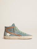 Light blue suede Slide LTD with white star and gold glitter flash| Golden Goose