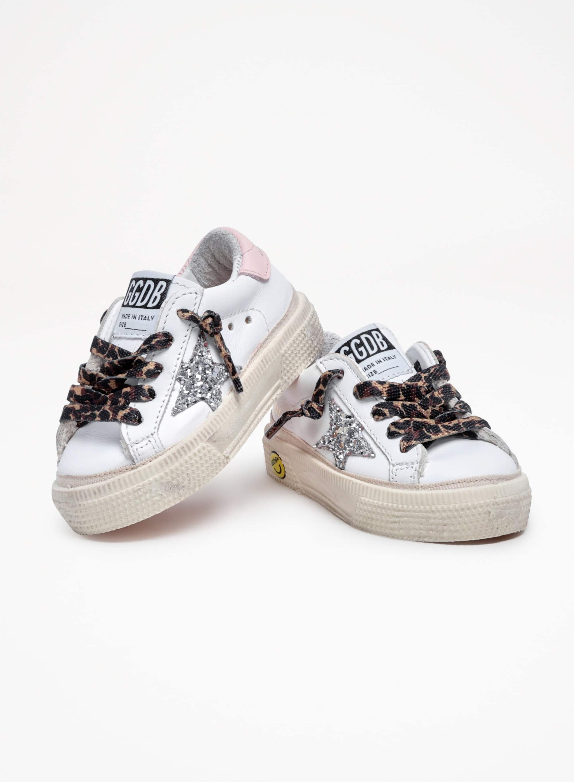 May sneakers with silver glitter star and pink leather heel tab| Golden Goose