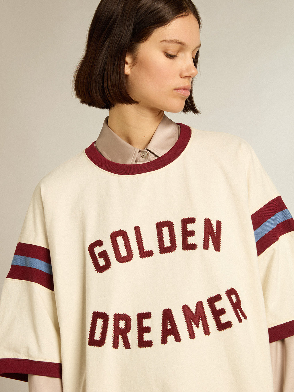 Women's white dress with burgundy lettering on the front| Golden Goose